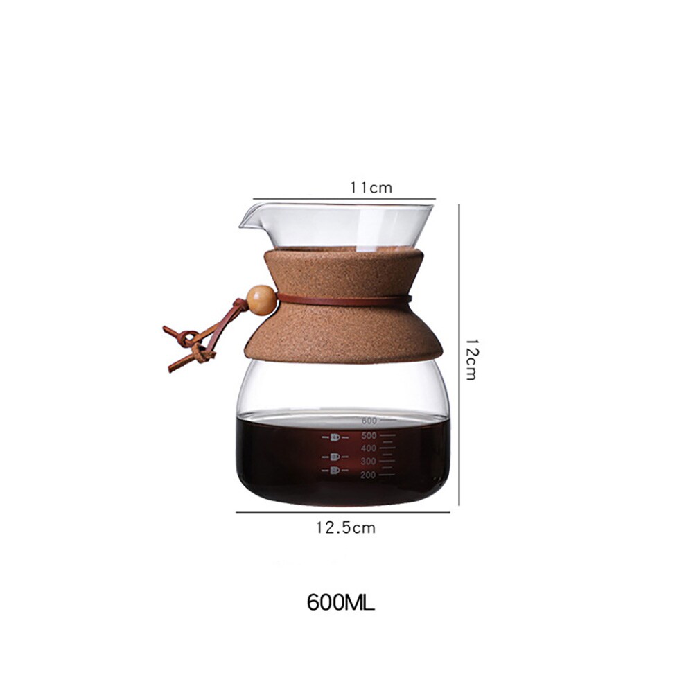 Pour-over-brygger i glass med filter og korkhåndtak, 600 ml / Kaffebrygger for manuell brygging