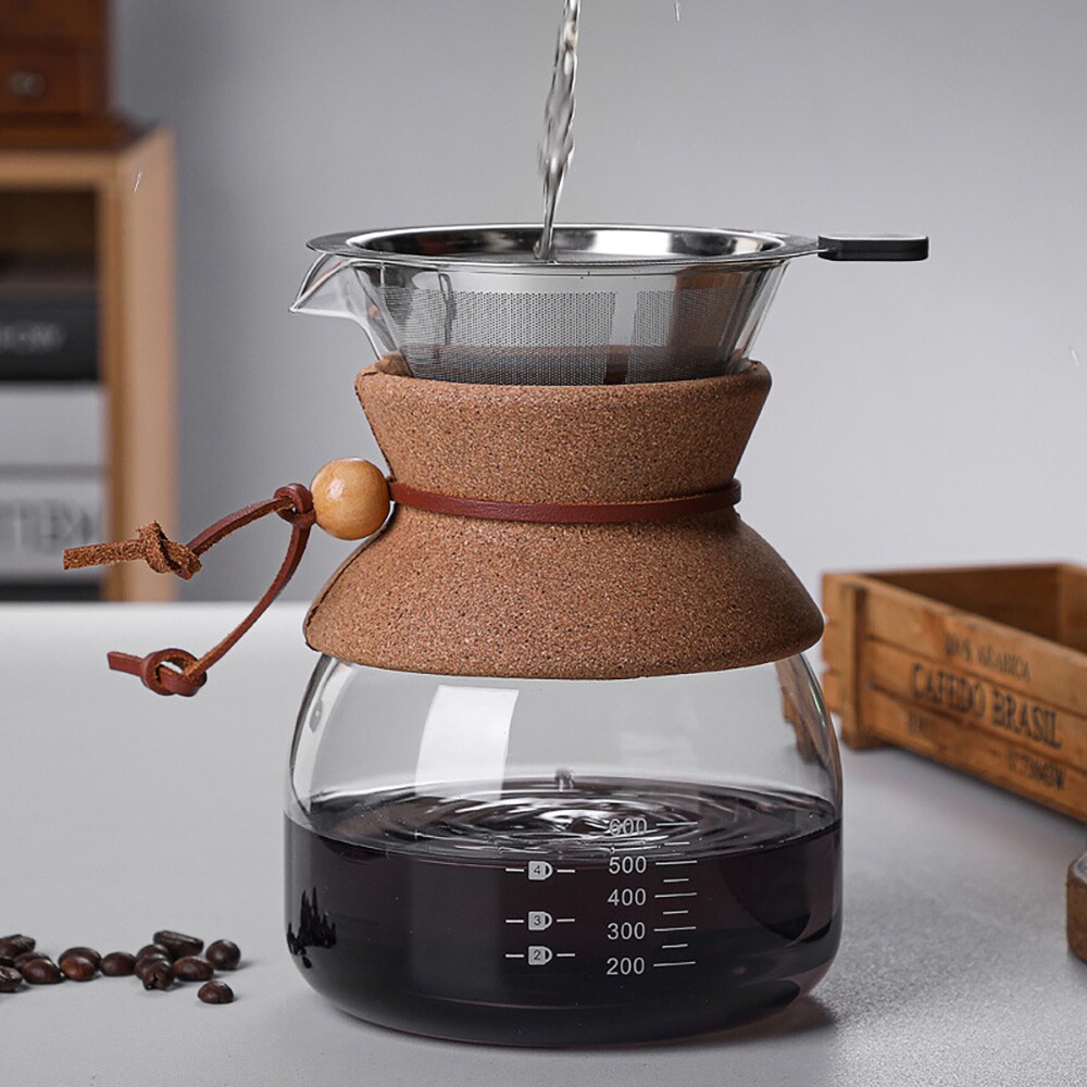 Pour-over-brygger i glass med filter og korkhåndtak, 600 ml / Kaffebrygger for manuell brygging