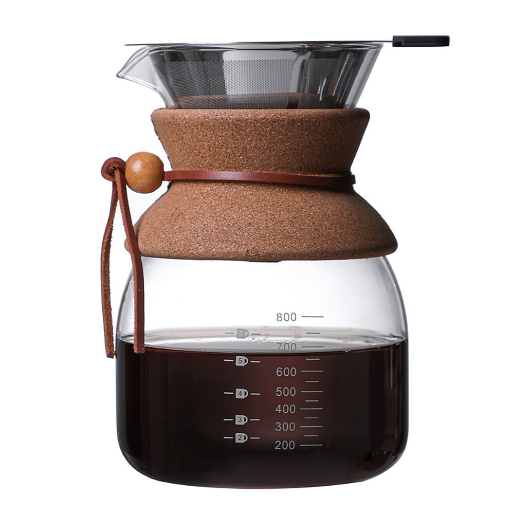 Pour-over-brygger i glass med filter og korkhåndtak, 800 ml / Kaffebrygger for manuell brygging