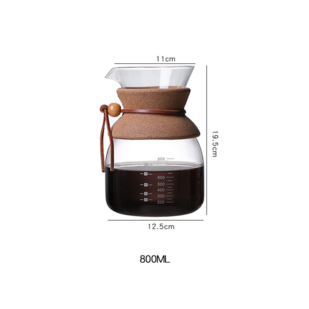 Pour-over-brygger i glass med filter og korkhåndtak, 800 ml / Kaffebrygger for manuell brygging