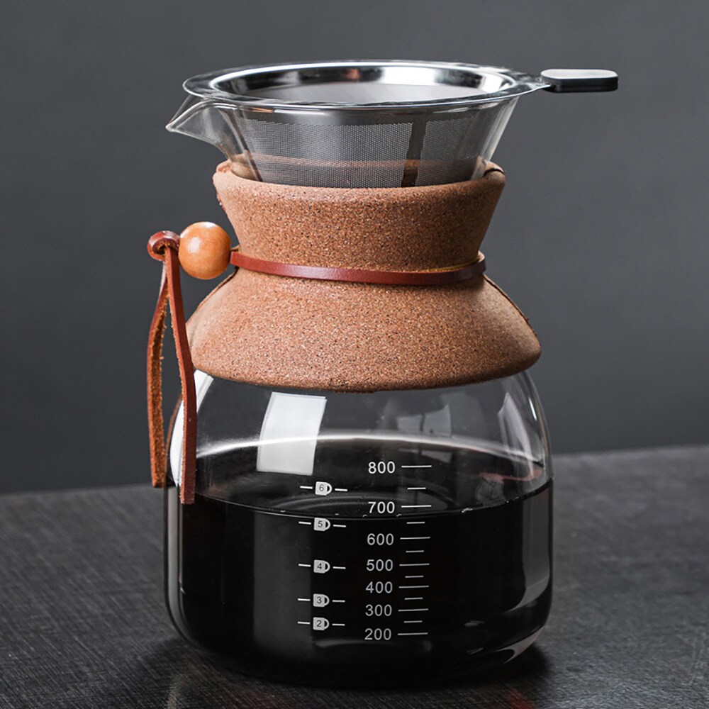 Pour-over-brygger i glass med filter og korkhåndtak, 800 ml / Kaffebrygger for manuell brygging