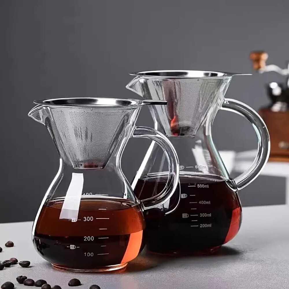 Pour-over-kanne i glass med filter i rustfritt stål, 400 ml / Kaffekanne for manuell brygging