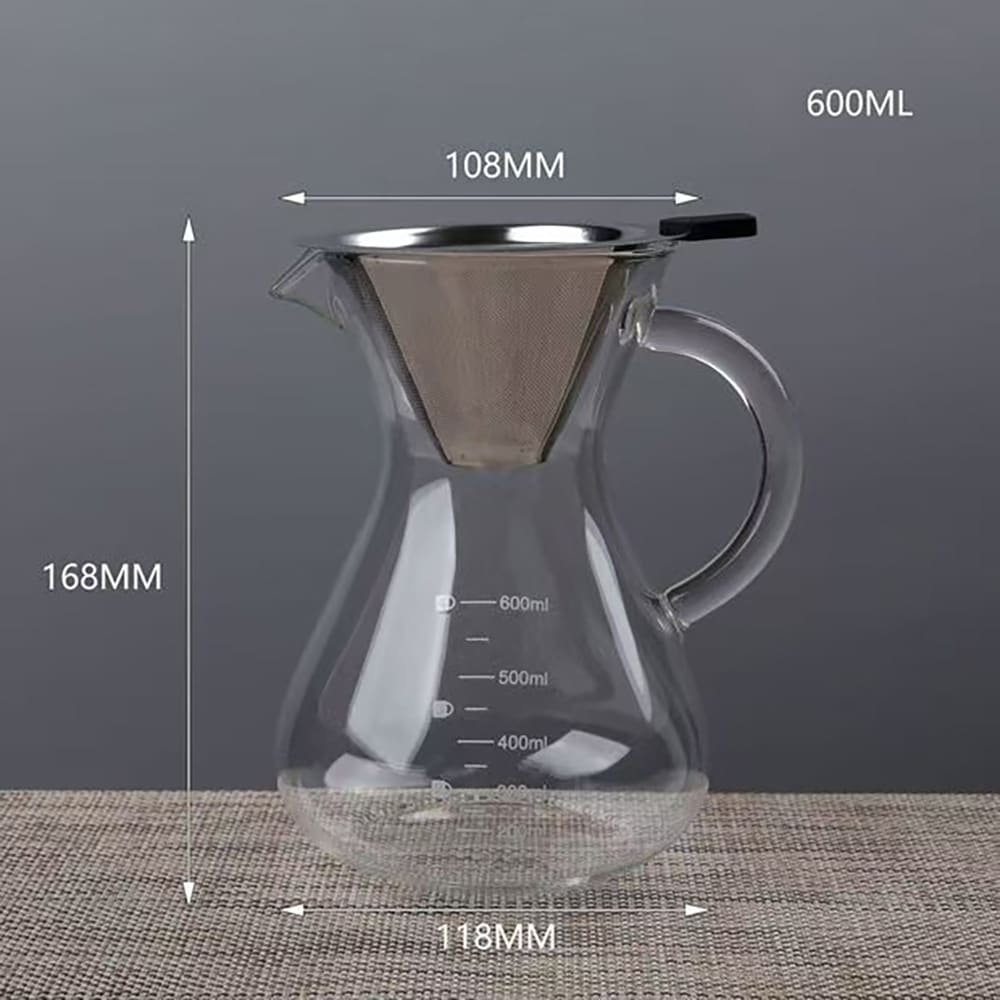 Pour-over-kanne i glass med filter i rustfritt stål, 600 ml / Kaffekanne for manuell brygging