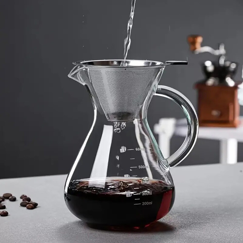 Pour-over-kanne i glass med filter i rustfritt stål, 600 ml / Kaffekanne for manuell brygging