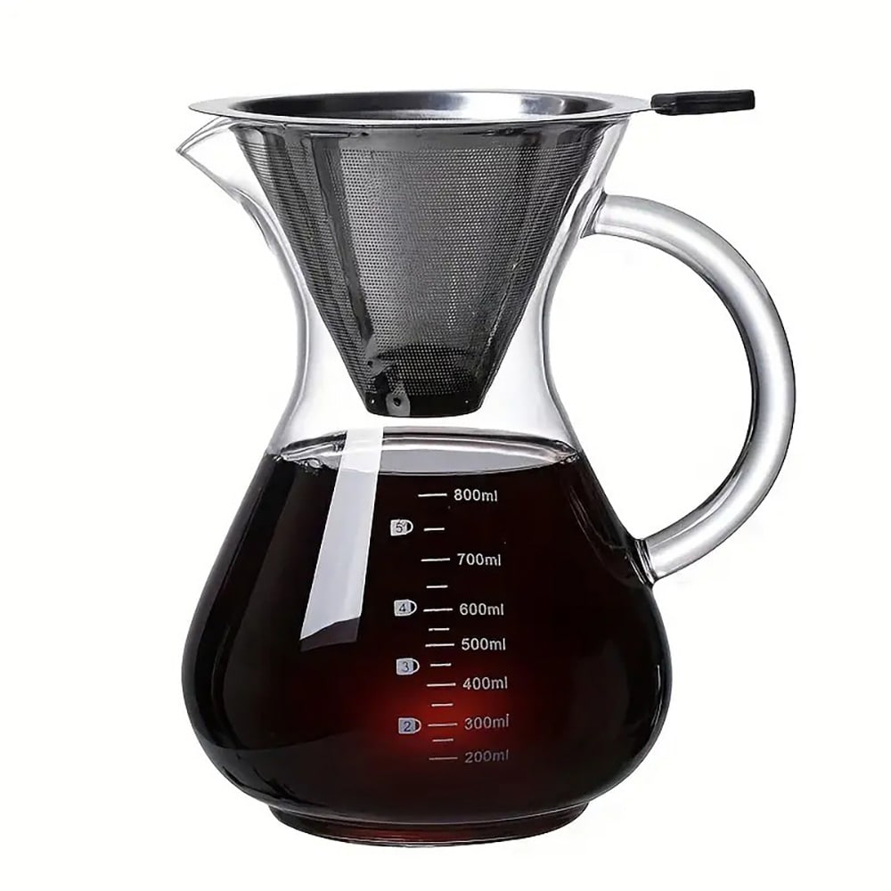 Pour-over-kanne i glass med filter i rustfritt stål, 800 ml / Kaffekanne for manuell brygging