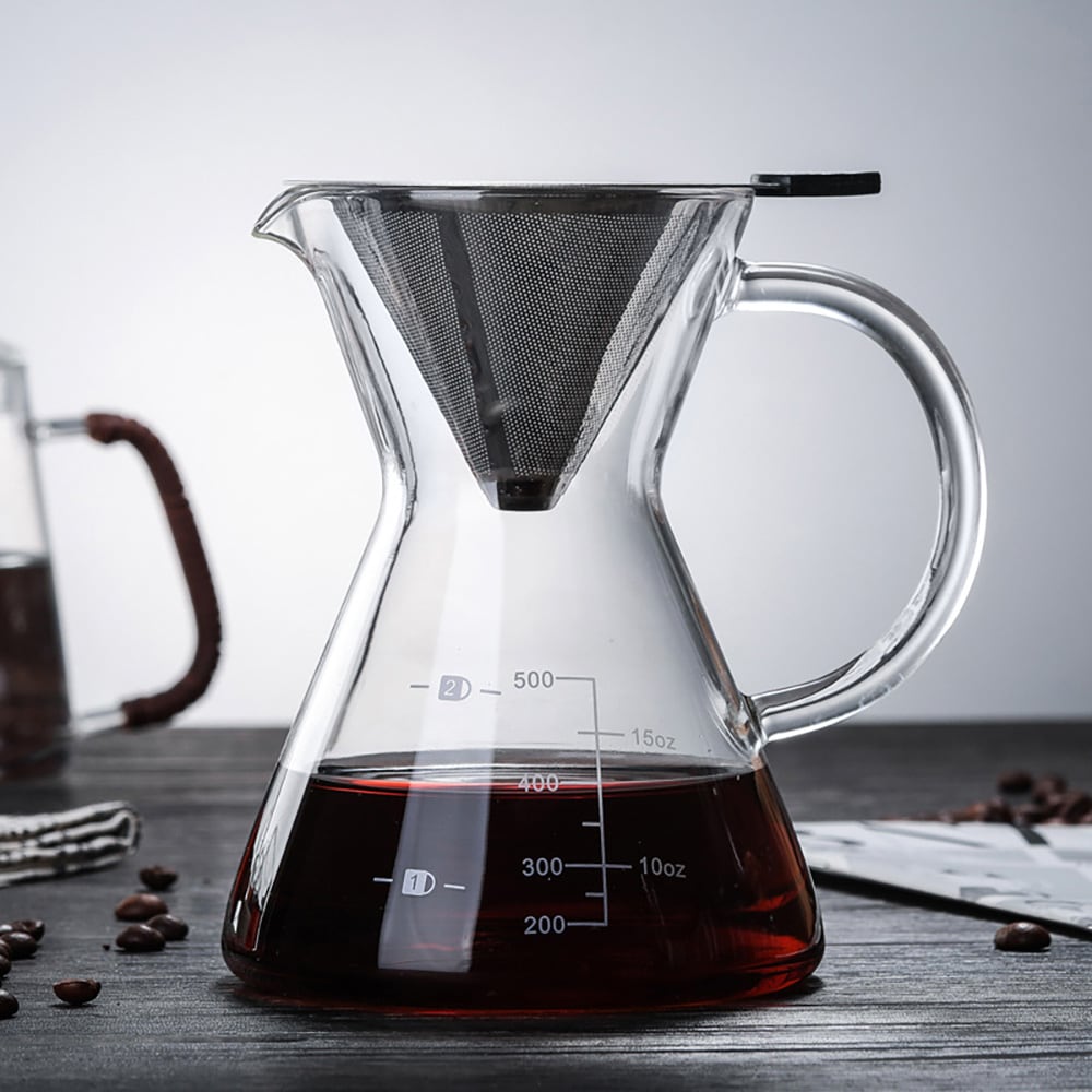 Pour-over-kanne i glass med filter i rustfritt stål, 500 ml / Kaffekanne for manuell brygging