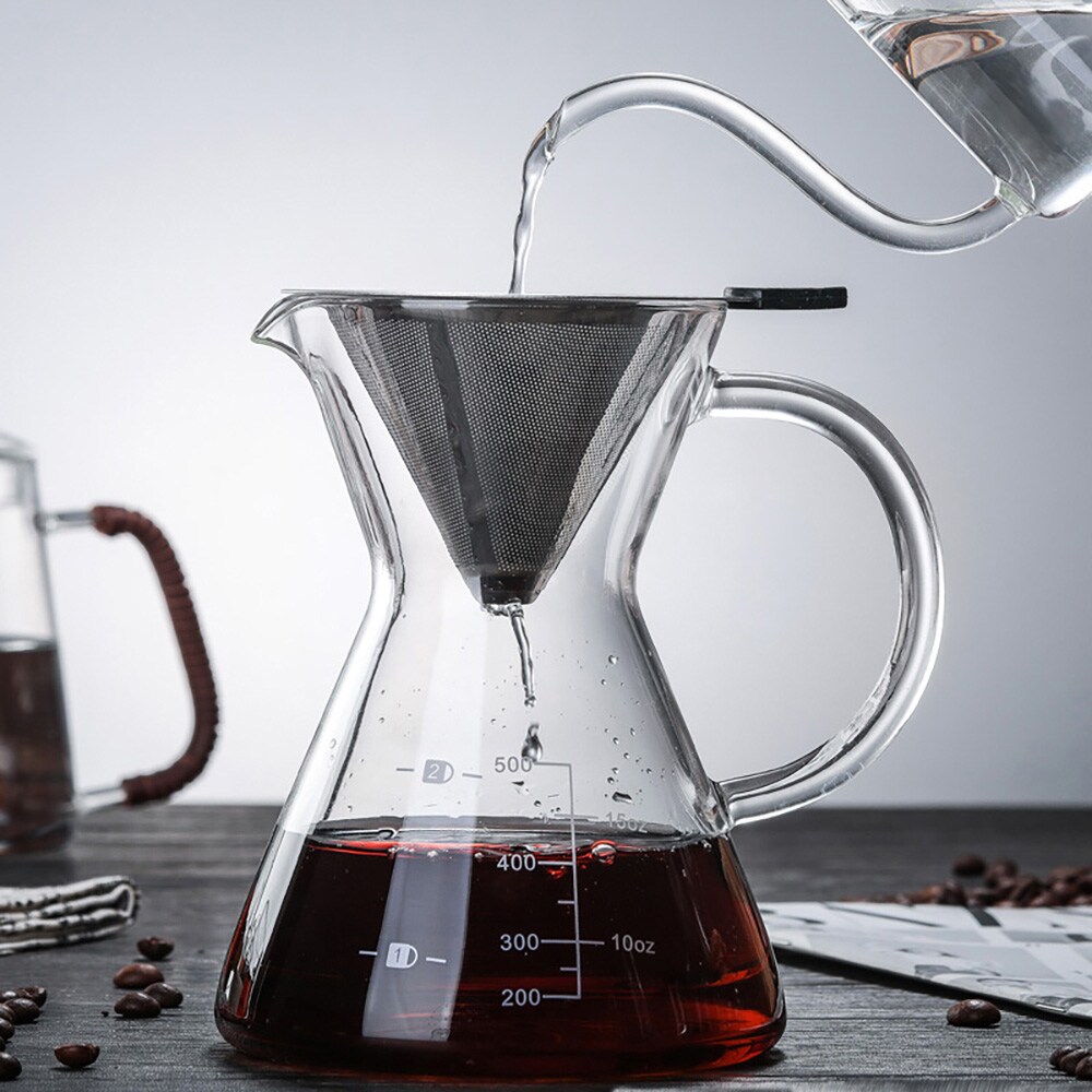 Pour-over-kanne i glass med filter i rustfritt stål, 500 ml / Kaffekanne for manuell brygging