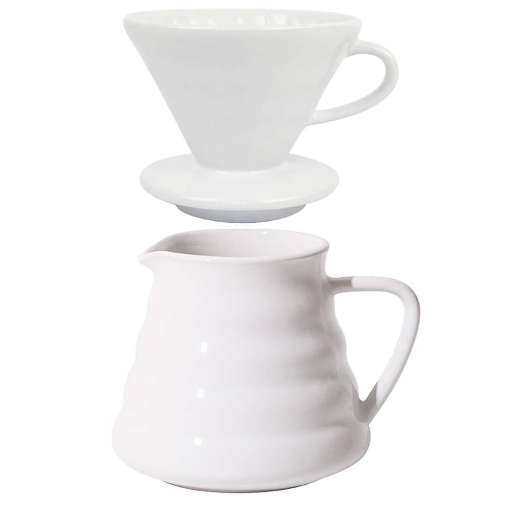Pour over-kaffesett i keramikk / hvit filterholder med kanne / sett for håndbrygging av dryppkaffe, 1–2 kopper