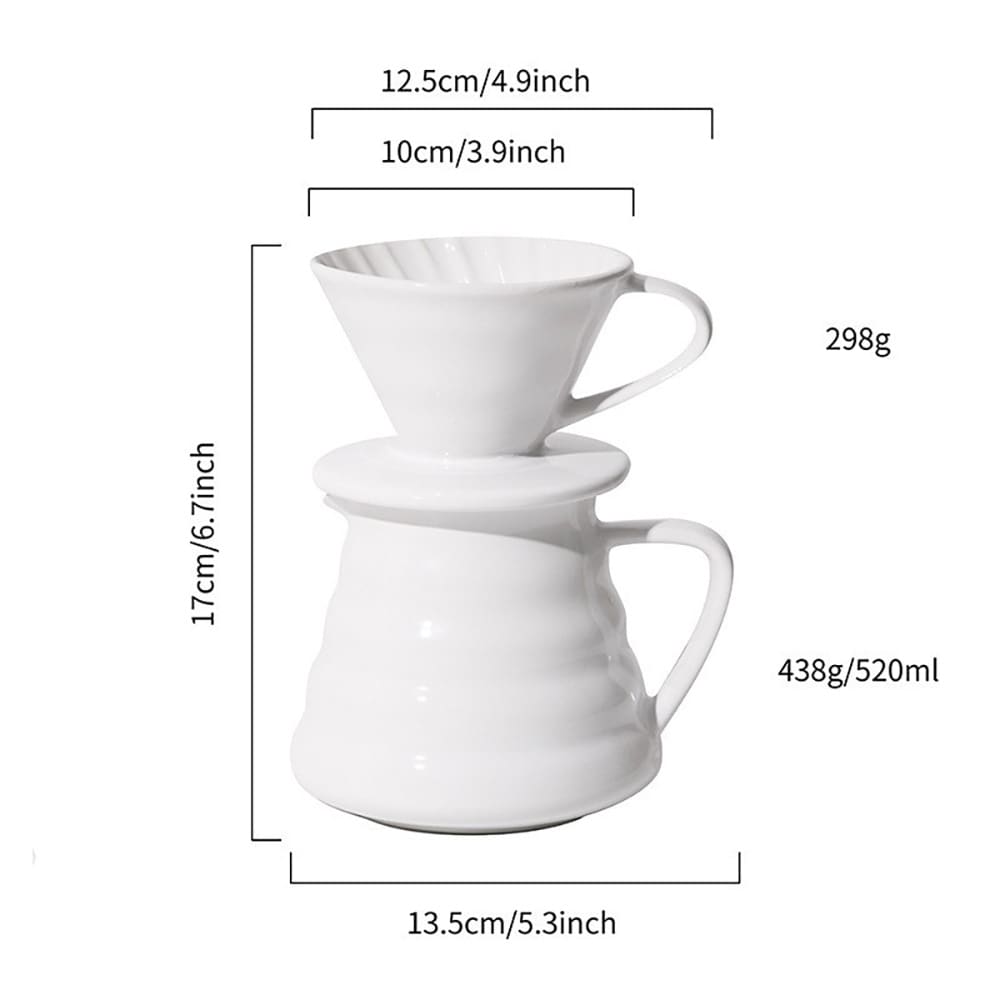 Pour over-kaffesett i keramikk / hvit filterholder med kanne / sett for håndbrygging av dryppkaffe, 1–2 kopper