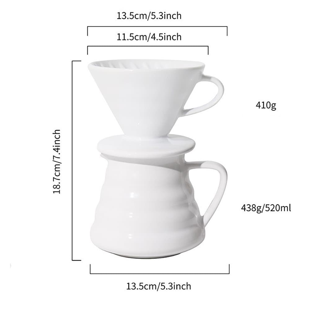 Pour over-kaffesett i keramikk / hvit filterholder med kanne / sett for håndbrygging av dryppkaffe, 1–4 kopper