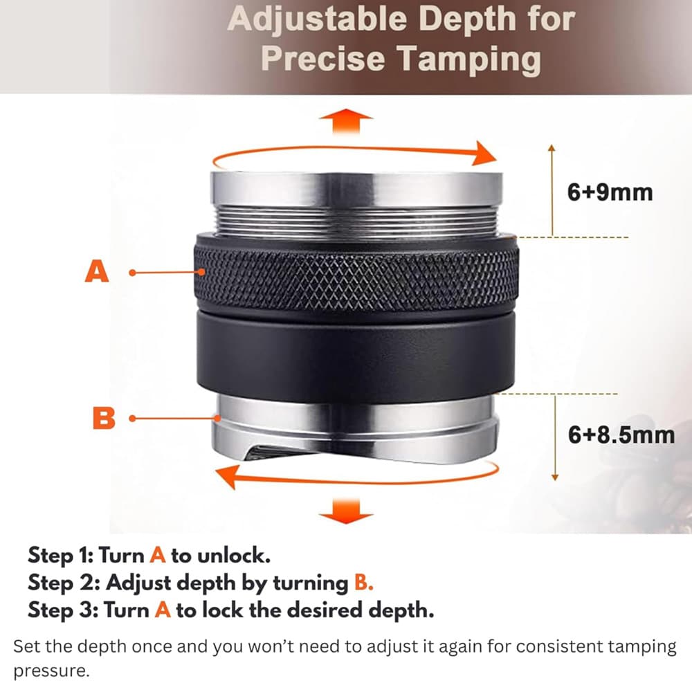 2-i-1 kaffefordeler og tamper 53 mm / justerbart espressoverktøy for 53–54 mm portafiltere / baristatilbehør