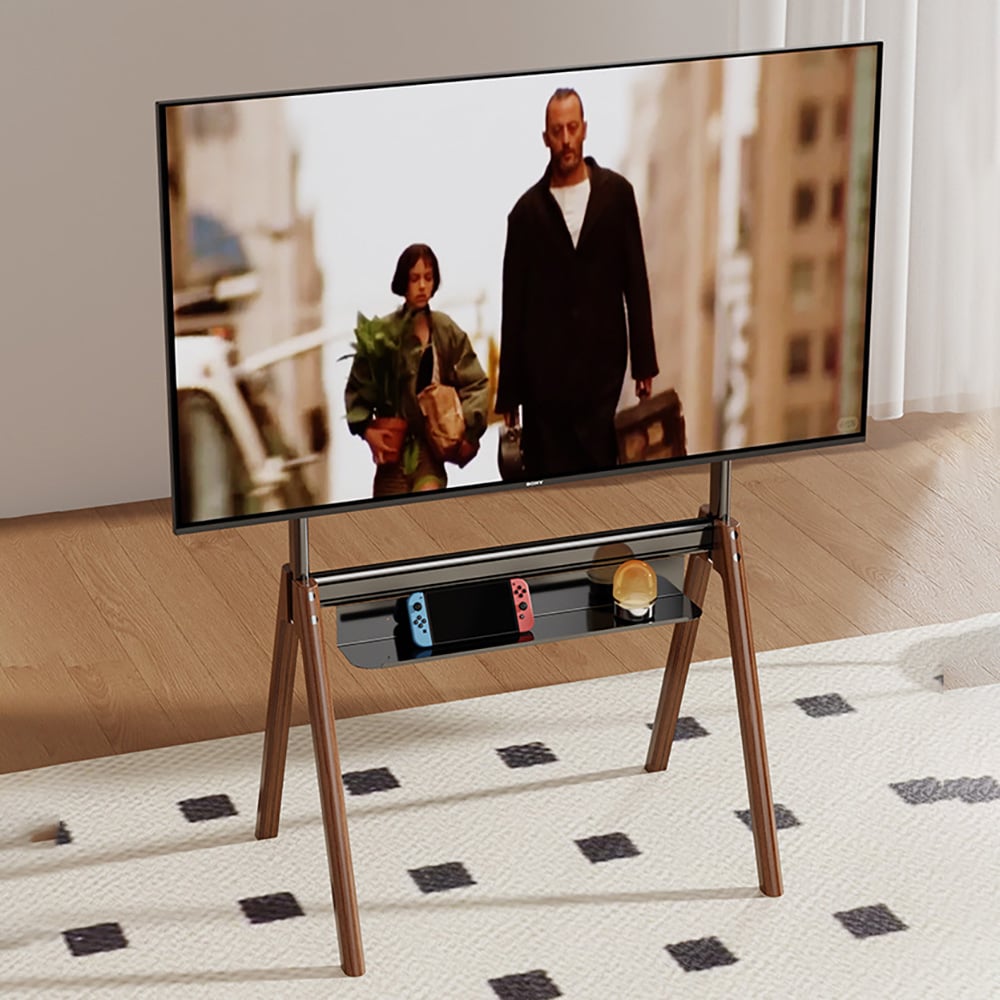 Gulvstativ for TV 43–86″ / TV-stativ med justerbar høyde, hylle og VESA-feste