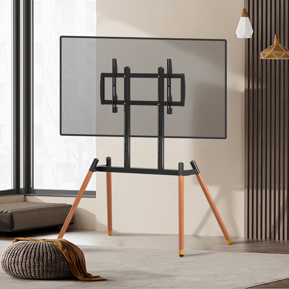 Gulvstativ for TV 37–86″ / TV-stativ i karbonstål og bøk / VESA opptil 400 × 600 mm