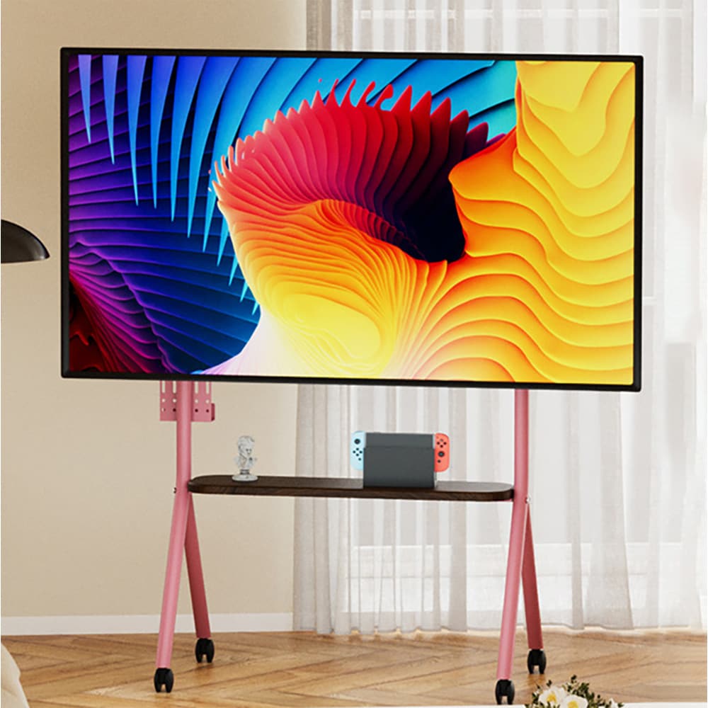 Gulvstativ for TV 32–75″ / TV-stativ med hjul, hylle og VESA-støtte 200–600 mm – Rosa