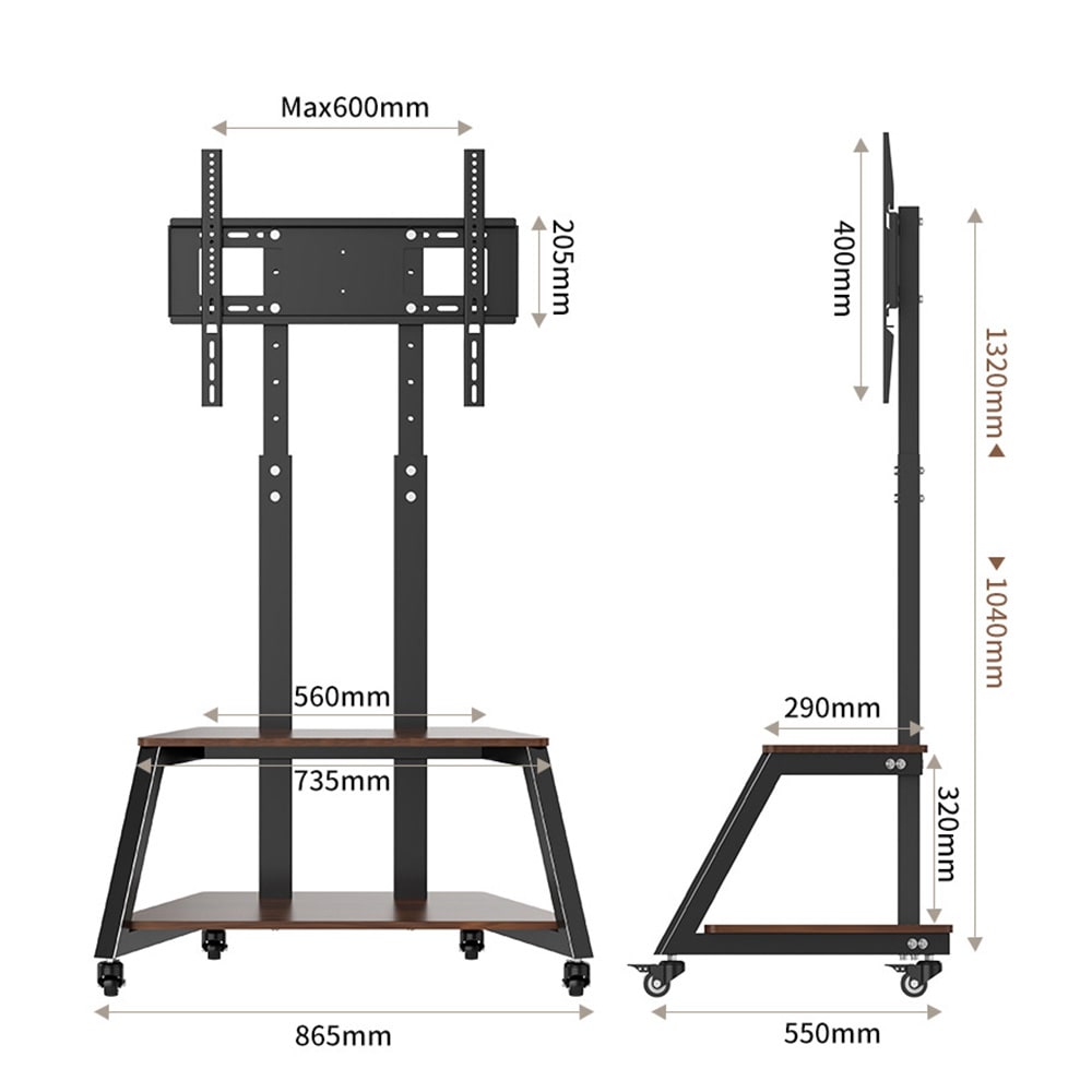 Gulvstativ for TV 32–75″ / TV-stativ med hjul, 2 hyller og VESA opptil 400 × 600 mm