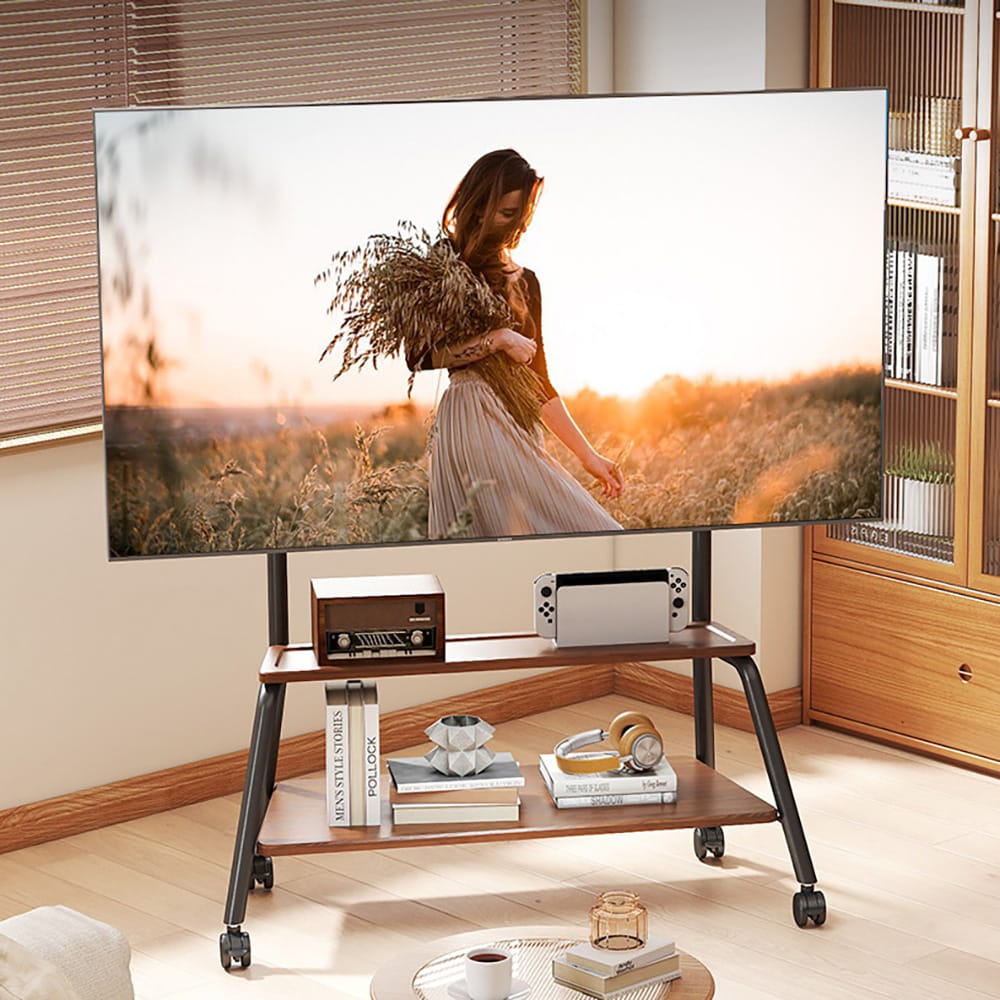 Gulvstativ for TV 40–90″ / TV-stativ med hjul, 2 hyller og monteringshull opptil 610 × 600 mm
