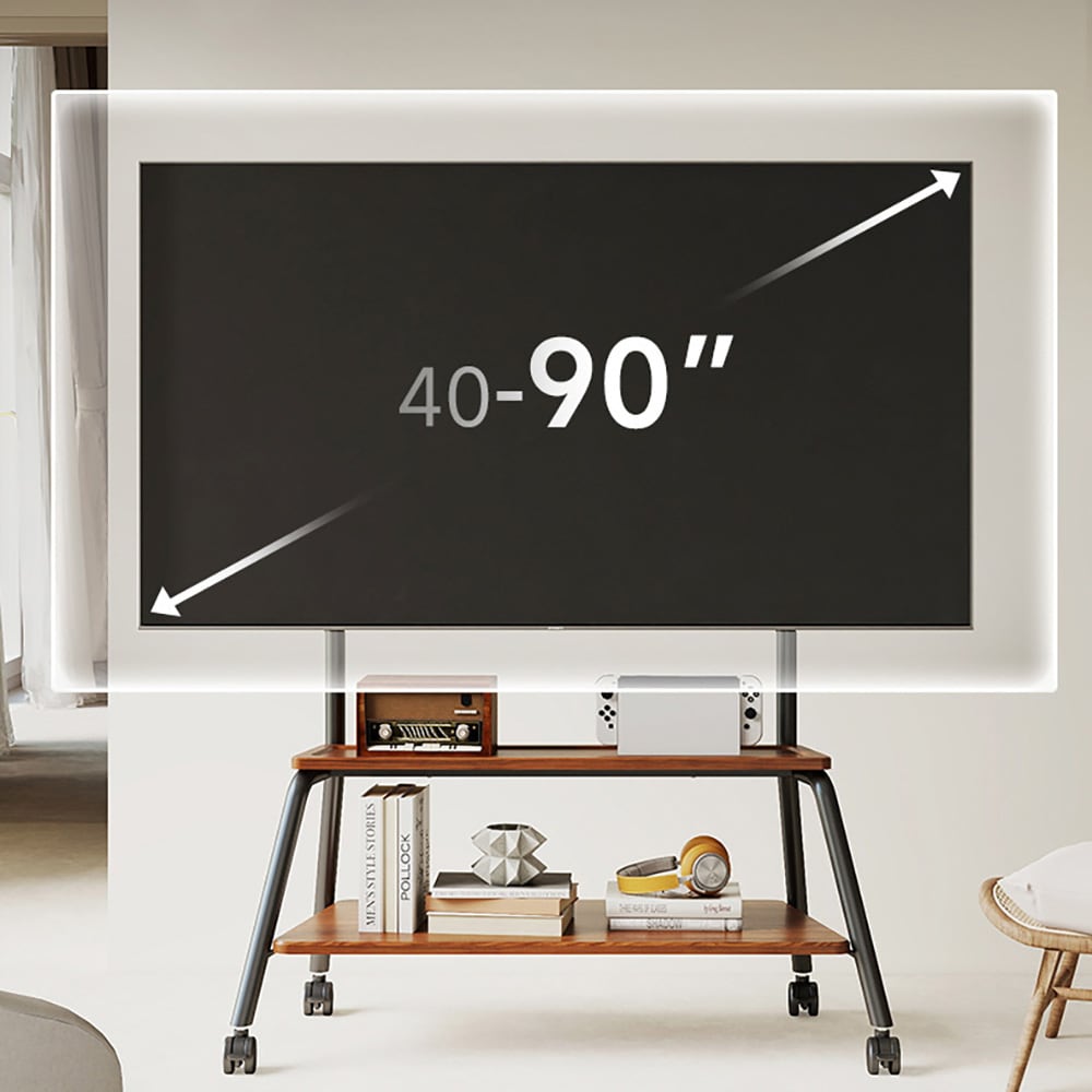 Gulvstativ for TV 40–90″ / TV-stativ med hjul, 2 hyller og monteringshull opptil 610 × 600 mm