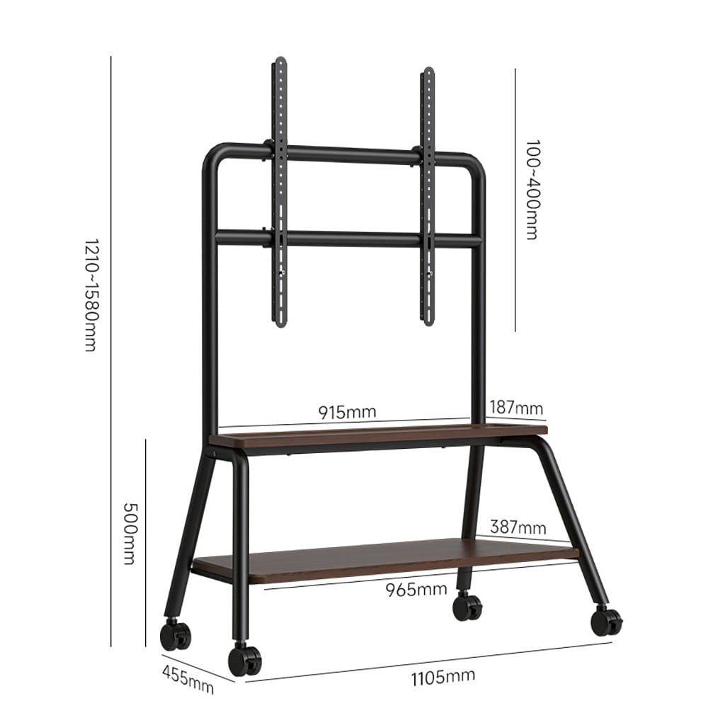 Gulvstativ for TV 40–90″ / TV-stativ med hjul, 2 hyller og monteringshull opptil 610 × 600 mm