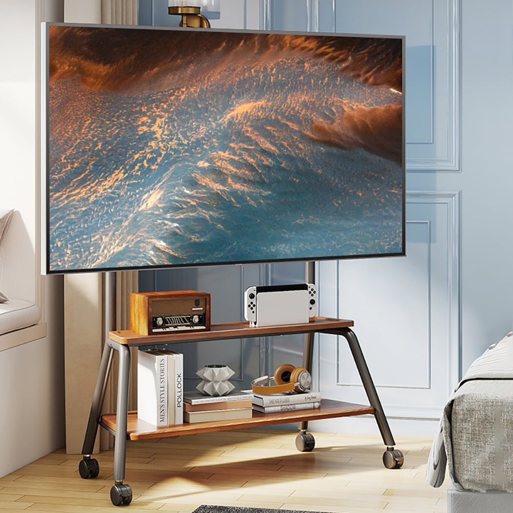 Gulvstativ for TV 40–90″ / TV-stativ med hjul, 2 hyller og monteringshull opptil 610 × 600 mm