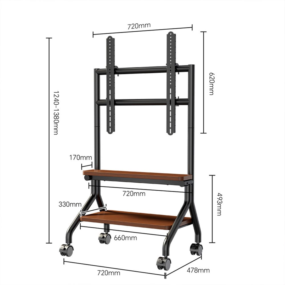Gulvstativ for TV 32–90″ / TV-stativ med hjul, 2 hyller og VESA opptil 600 × 600 mm