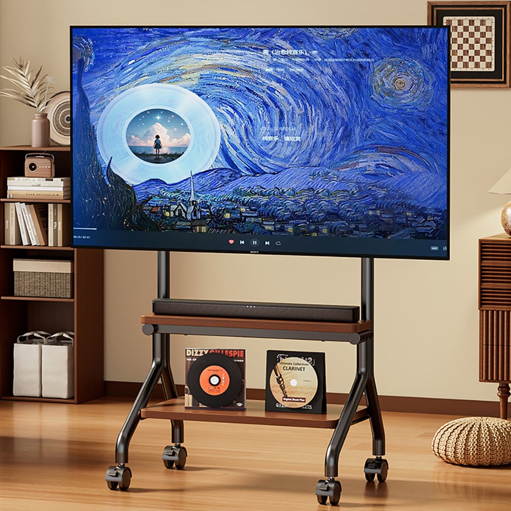 Gulvstativ for TV 32–90″ / TV-stativ med hjul, 2 hyller og VESA opptil 600 × 600 mm