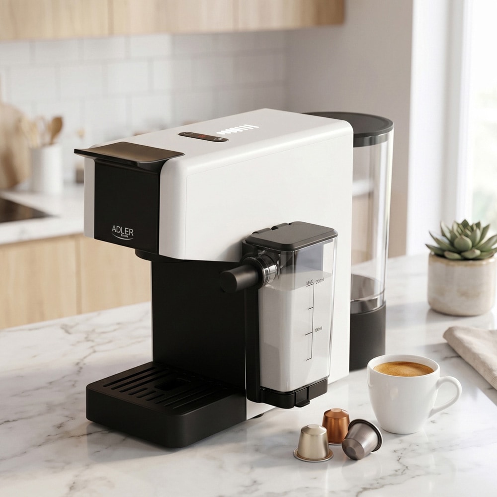 Adler AD 4391 kapselmaskin / kaffemaskin med melkeskummer, 20 bar og 8 kapseladaptere – Hvit/svart