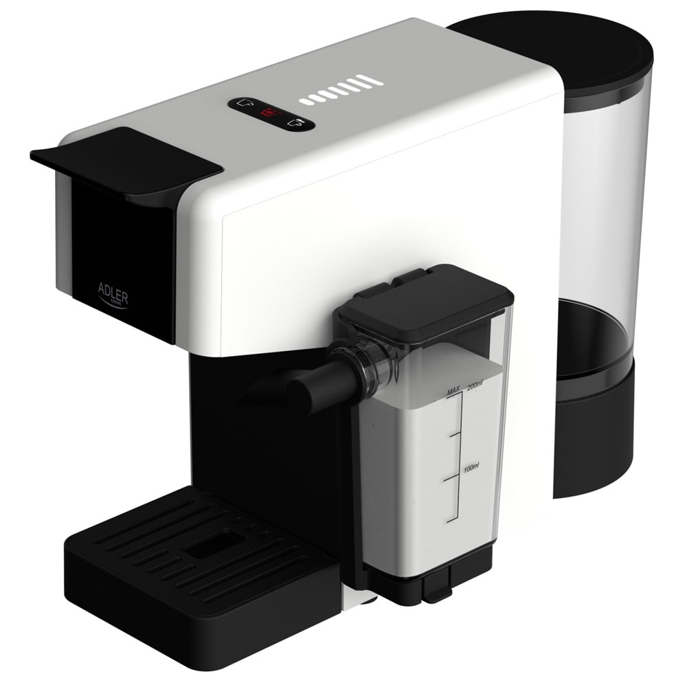 Adler AD 4391 kapselmaskin / kaffemaskin med melkeskummer, 20 bar og 8 kapseladaptere – Hvit/svart