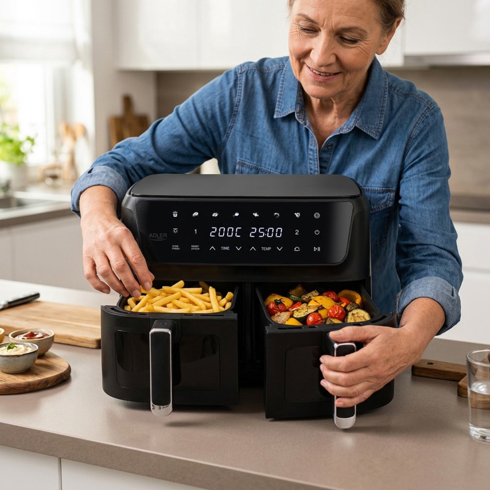 Adler AD 6324 dobbel airfryer 11 l / varmluftsfriterer med 2 kurver og 8 programmer – Svart