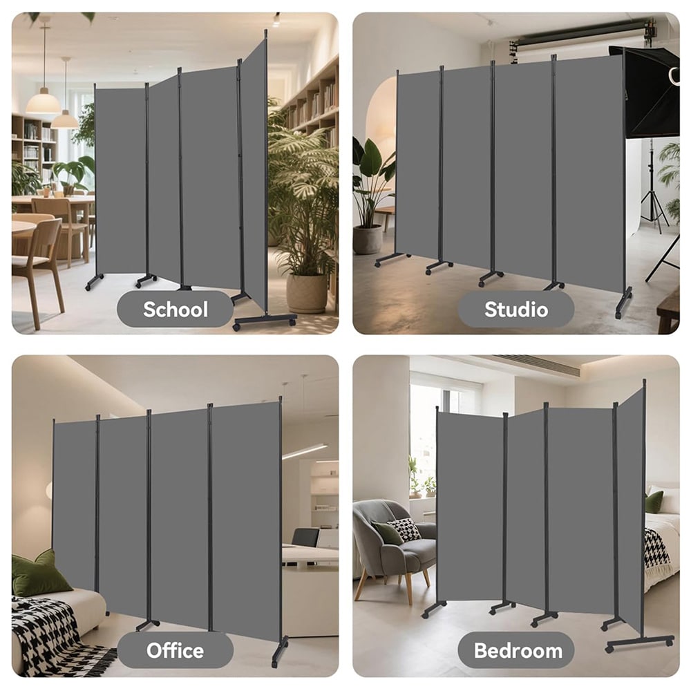 Foldeskjerm med hjul / mobil skjermvegg / mørkegrå romdeler 345 x 180 cm