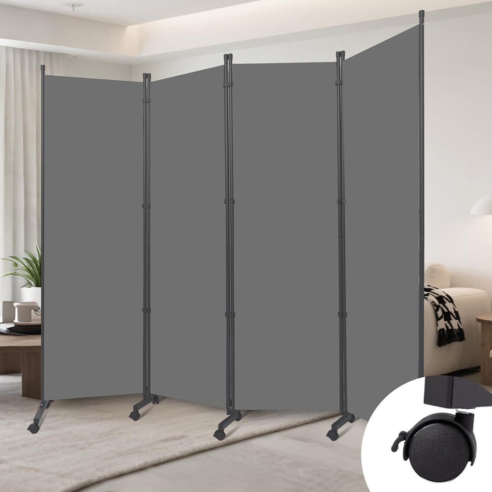 Foldeskjerm med hjul / mobil skjermvegg / mørkegrå romdeler 345 x 180 cm