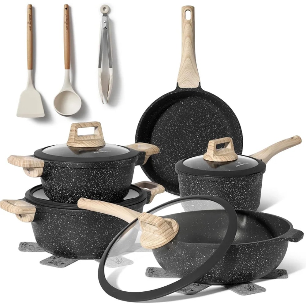 14-delers kokekarsett / svart gryte- og stekepannesett / PFAS-fritt non-stick-belegg for induksjon