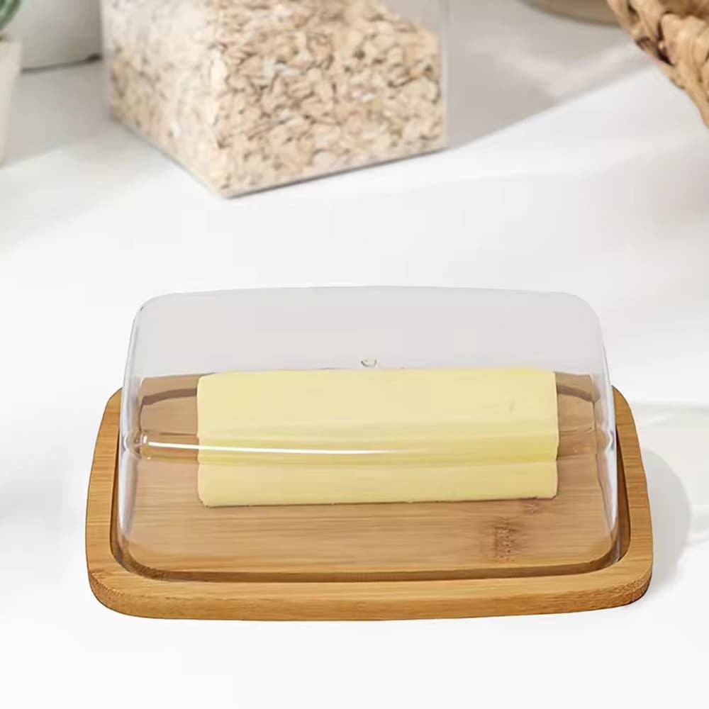 Smørskål i bambus / smørboks med gjennomsiktig lokk og serveringsbrett 24×18×7,5 cm
