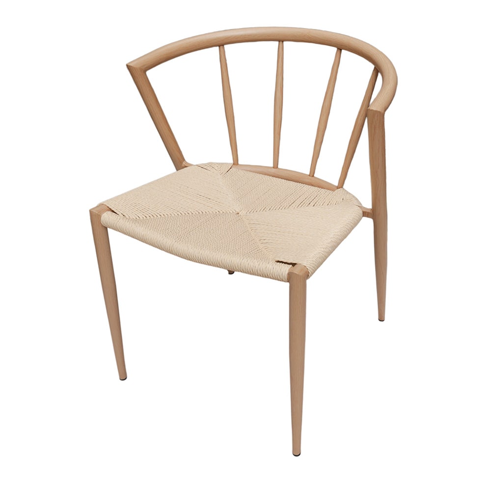 Spisestol med armlener / stol med flettet sete, metallram og jutesnor 44×46×70 cm