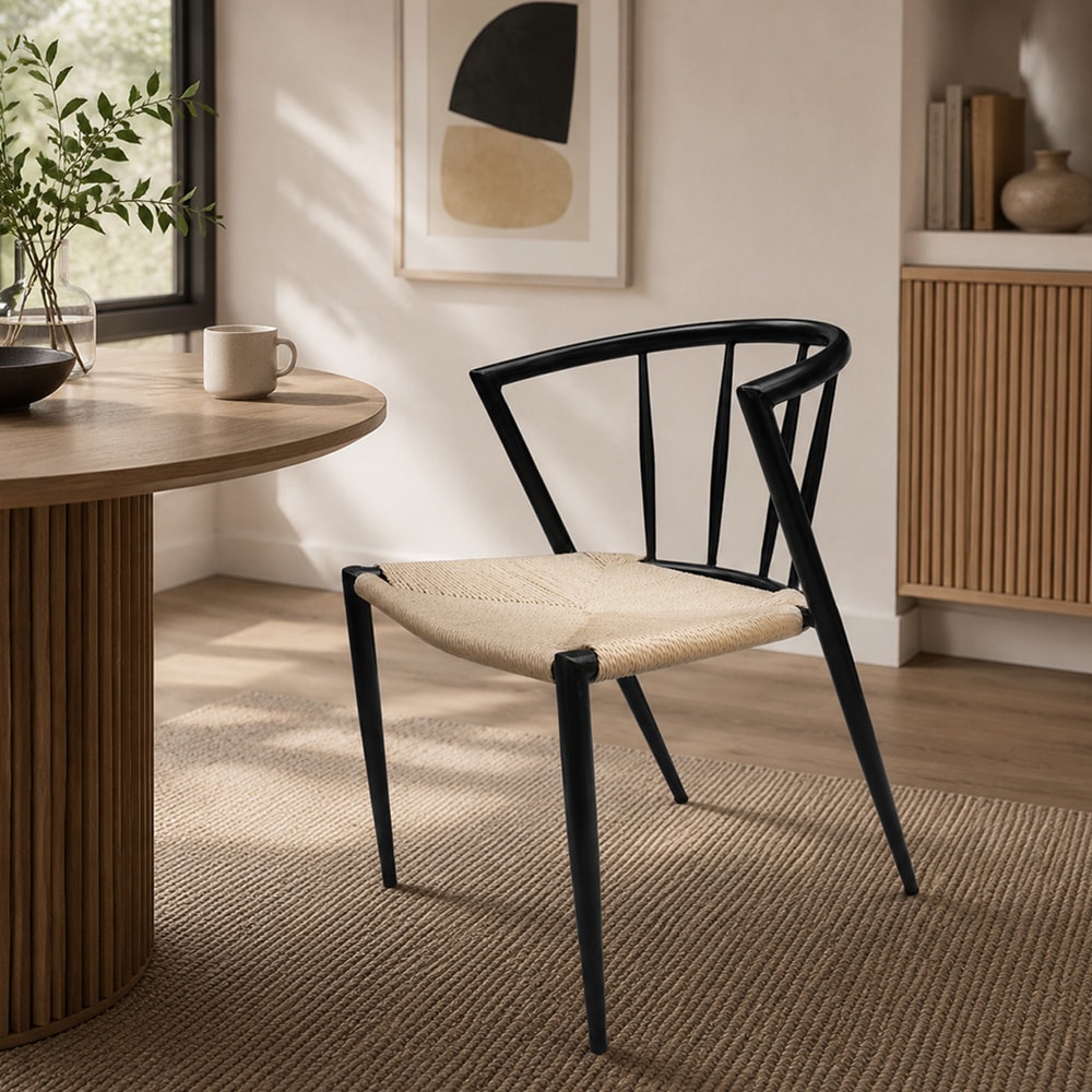 Spisestol med armlener / svart stol med flettet sete i naturfarget jutesnor 44×46×70 cm