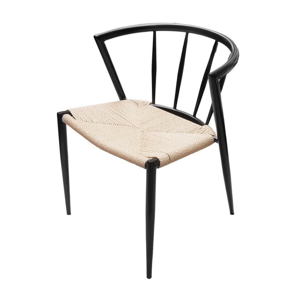 Spisestol med armlener / svart stol med flettet sete i naturfarget jutesnor 44×46×70 cm