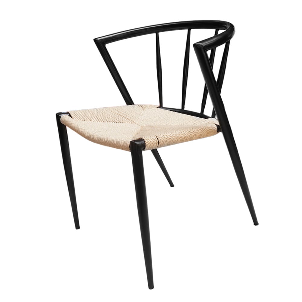 Spisestol med armlener / svart stol med flettet sete i naturfarget jutesnor 44×46×70 cm