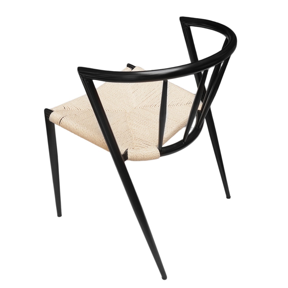 Spisestol med armlener / svart stol med flettet sete i naturfarget jutesnor 44×46×70 cm