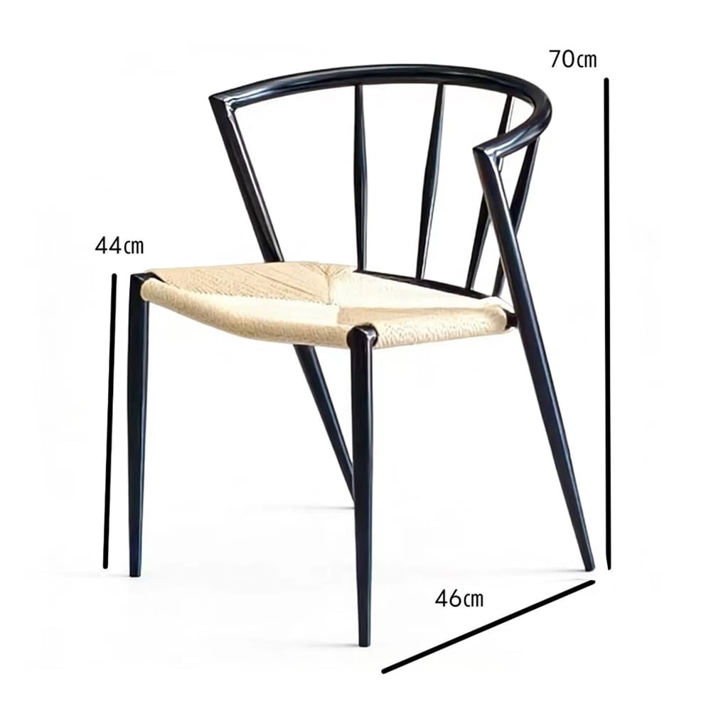 Spisestol med armlener / svart stol med flettet sete i naturfarget jutesnor 44×46×70 cm