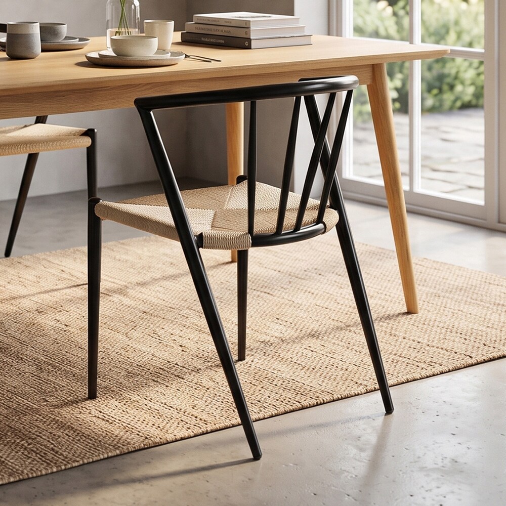 Spisestol med armlener / svart stol med flettet sete i naturfarget jutesnor 44×46×70 cm