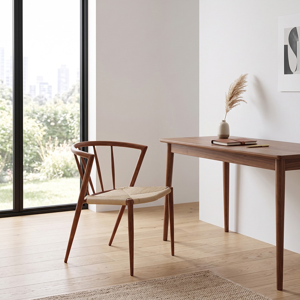 Spisestol med armlener / brun stol med flettet sete i naturfarget jutesnor 44×46×70 cm