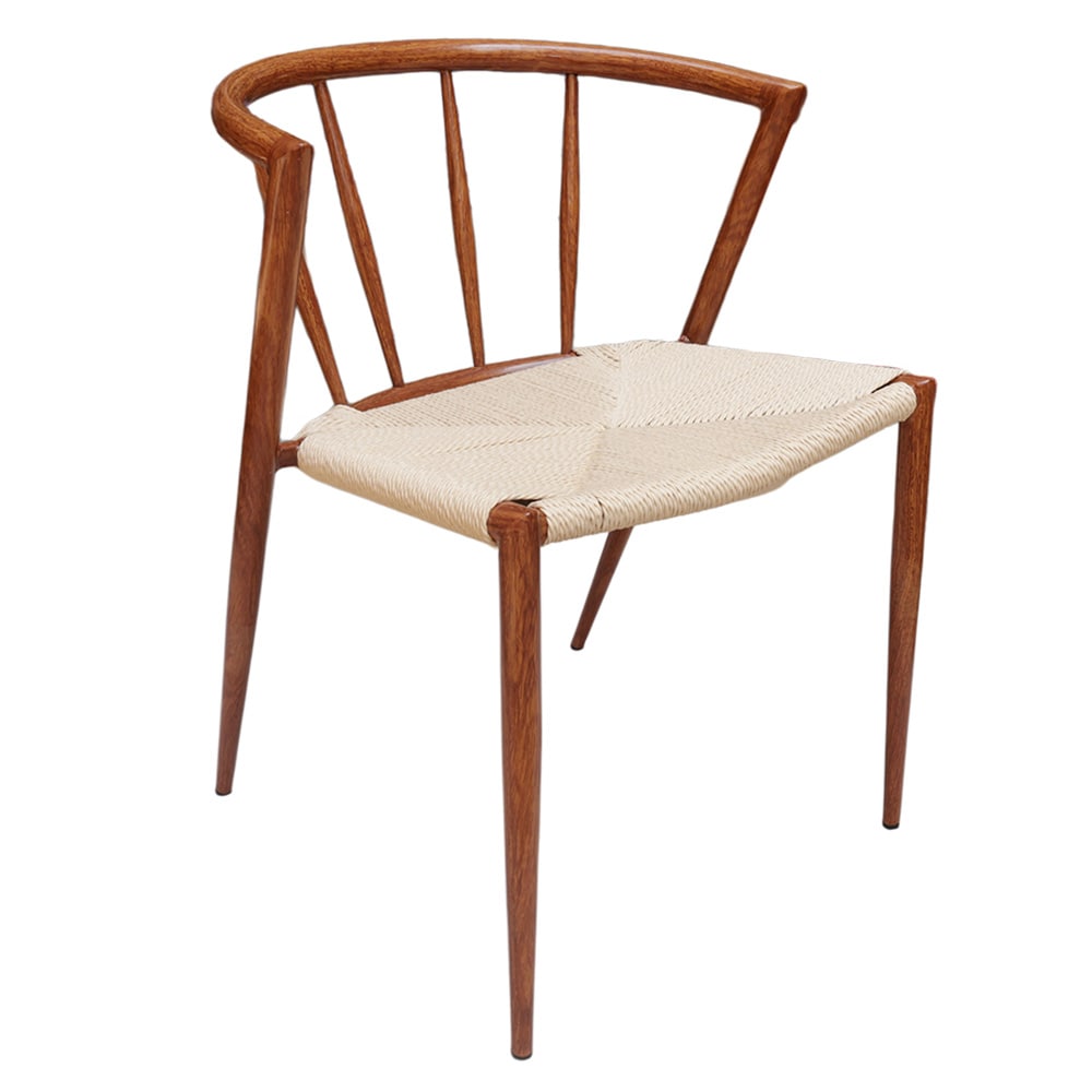 Spisestol med armlener / brun stol med flettet sete i naturfarget jutesnor 44×46×70 cm