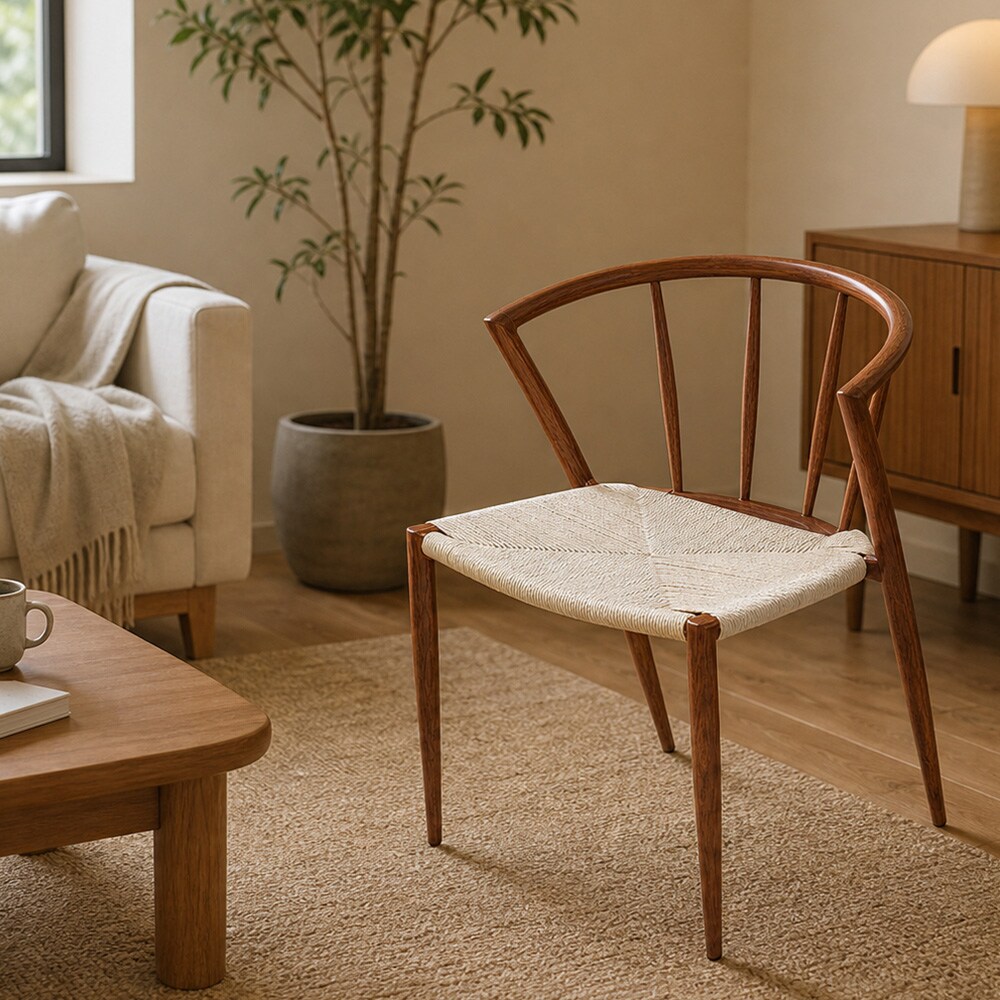 Spisestol med armlener / brun stol med flettet sete i naturfarget jutesnor 44×46×70 cm