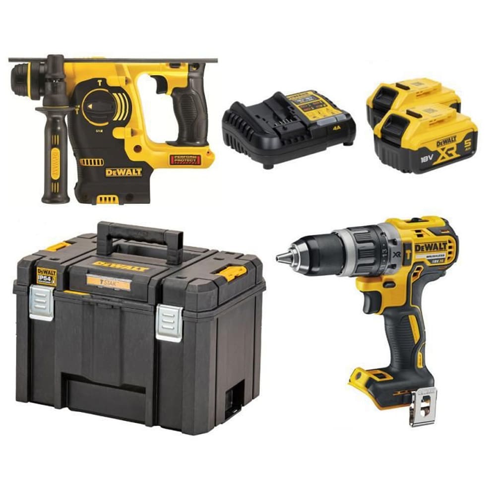 DeWalt DCK207P2T-QW 18 V XR verktøysett / slagdrill og SDS-Plus-borhammer med batterier