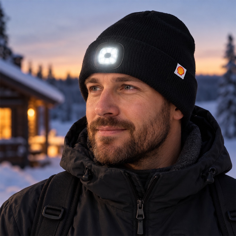 Strikket lue med LED-belysning og Shell-logo / LED-lue / Lue med lys