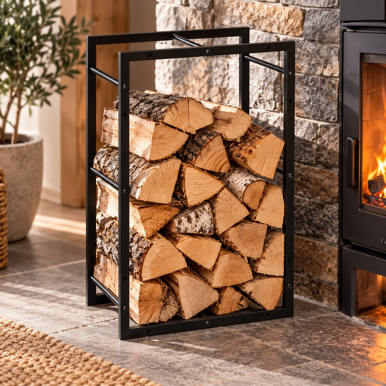 Vedstativ / stativ til vedkubber 45×28×70 cm i metall – Svart