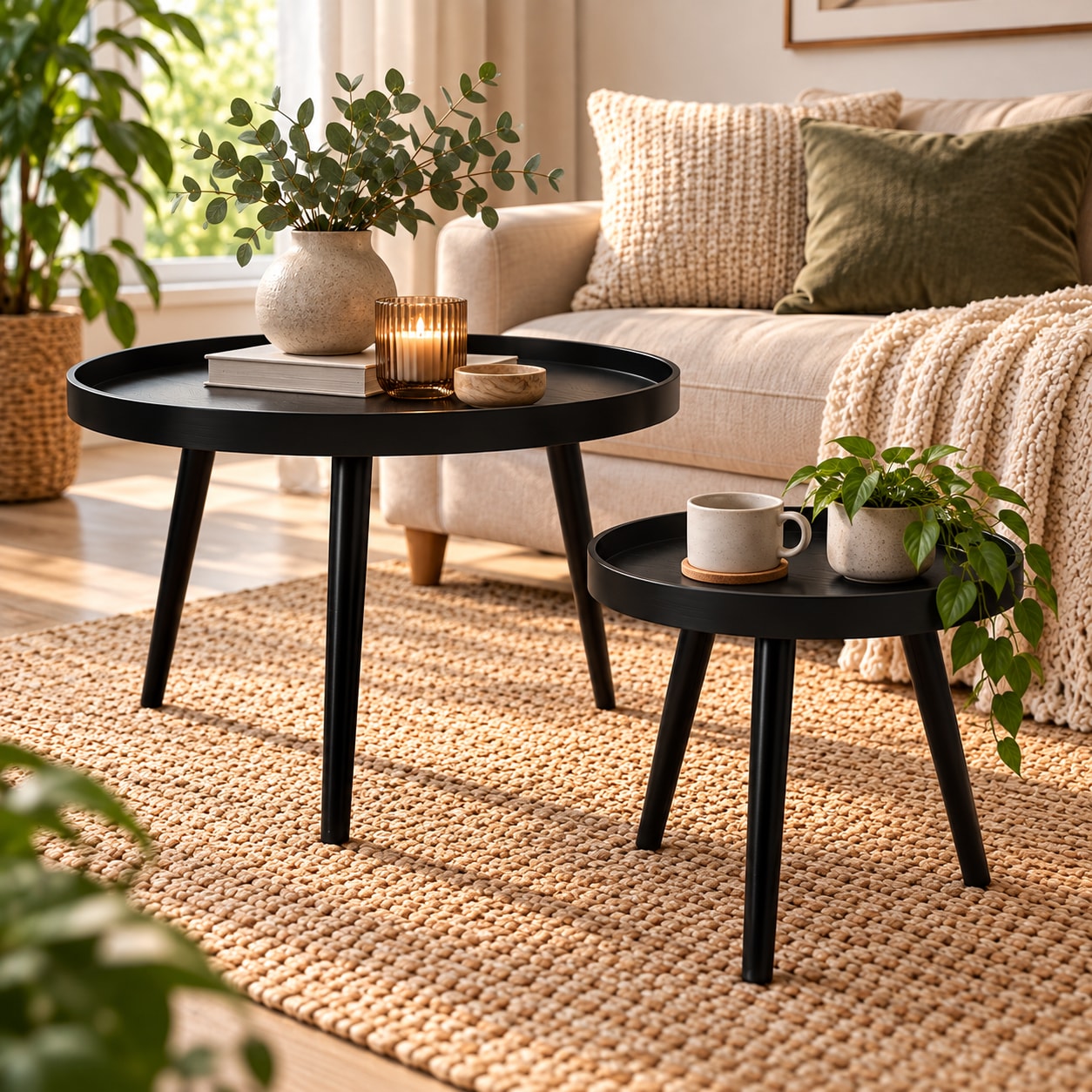 Settbord i MDF og furu / 2 stk sidebord / avlastningsbord – Svart