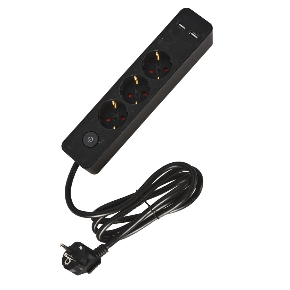 Grenuttak med 3 stikkontakter og 2 USB-porter / 1,4 m kabel med strømbryter – Svart