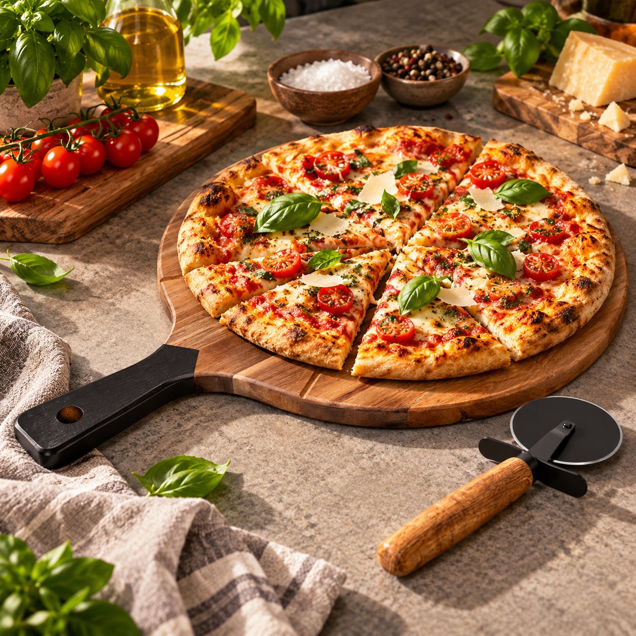 Pizzabrett i akasietre, Ø30 cm, med pizzaskjærer (2 deler) / Pizzabrett / Pizzaserveringssett