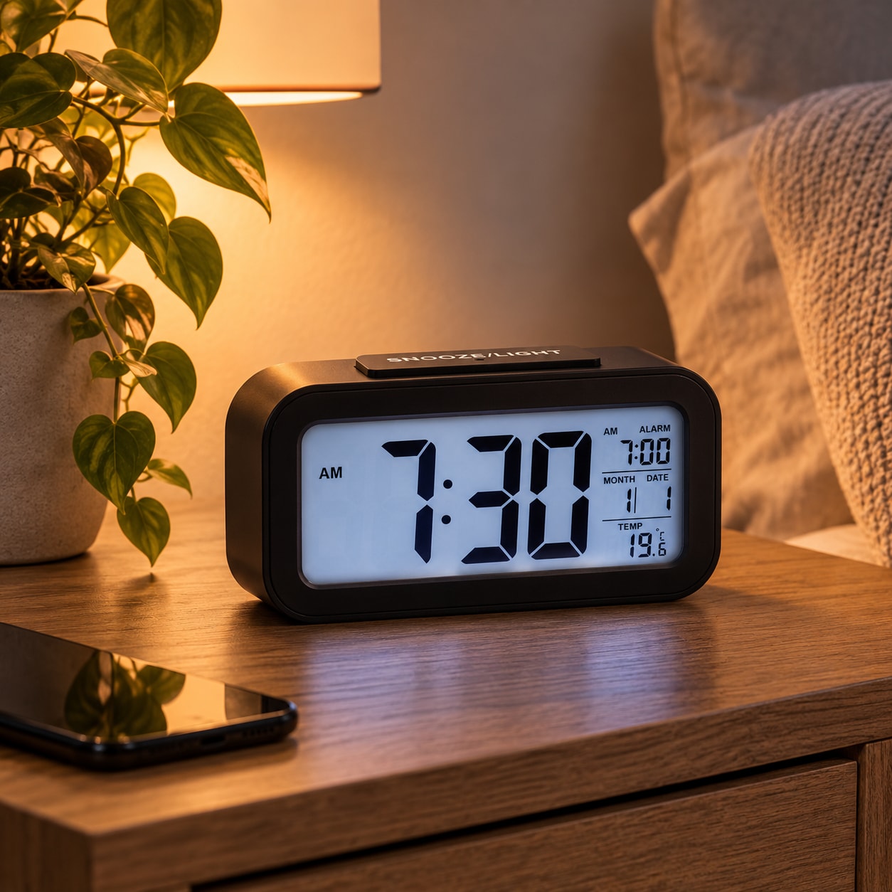 Digital vekkerklokke med bakgrunnsbelysning og snooze-funksjon / Vekkerklokke / Digital vekker