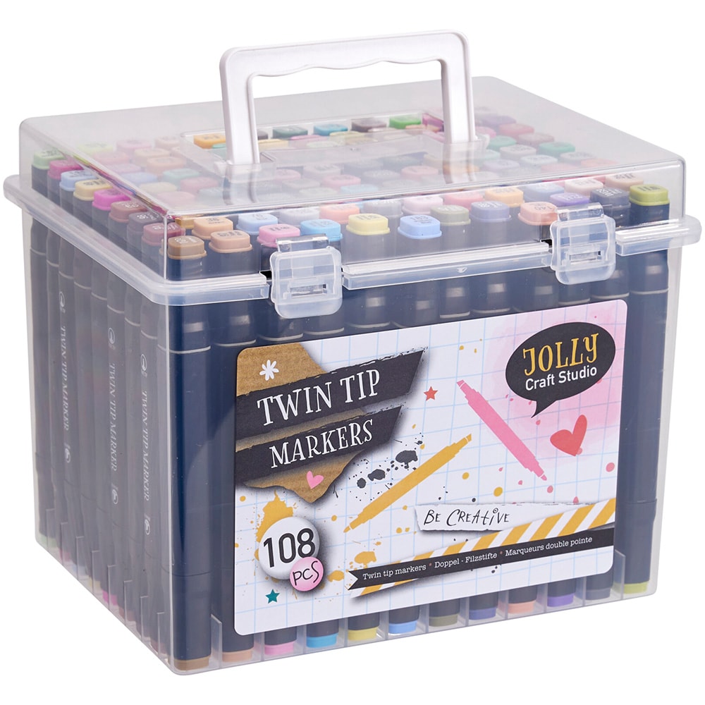 Tusjpenner med dobbel spiss, 108-pakning i eske / Tusjmarkører / Penner med dobbel spiss